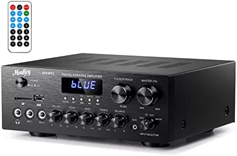 Romicta Amplificatore audio stereo 2.1 canali, Amplificatore HiFi Bluetooth 5.0 con uscita subwoofer, 300 W×2 +360 W, USB/AUX, controllo bassi e alti, per subwoofer e altoparlanti attivi/passivi